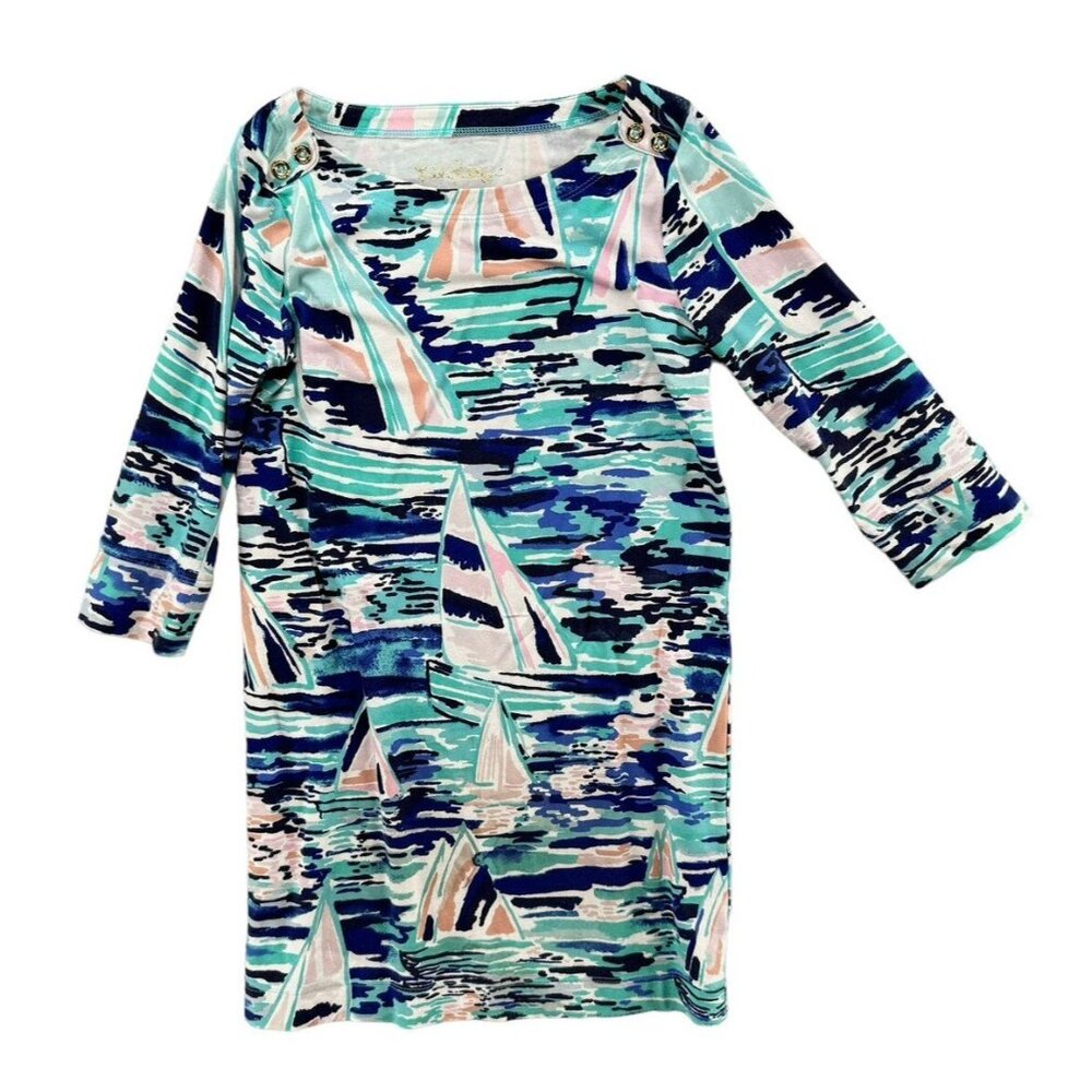 Lilly Pulitzer Sophie Dress Girls Blue Sailboat Multi Pier 3/4 Sleeve Sz M